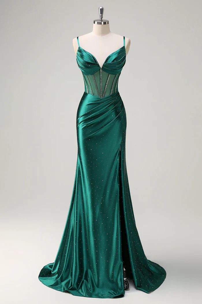 Weitese Dress Sparkly Dark Green Mermaid Spaghetti Straps Corset Beaded Maxi Dress Prom Dress Formal Dress With Slit Evening Dress